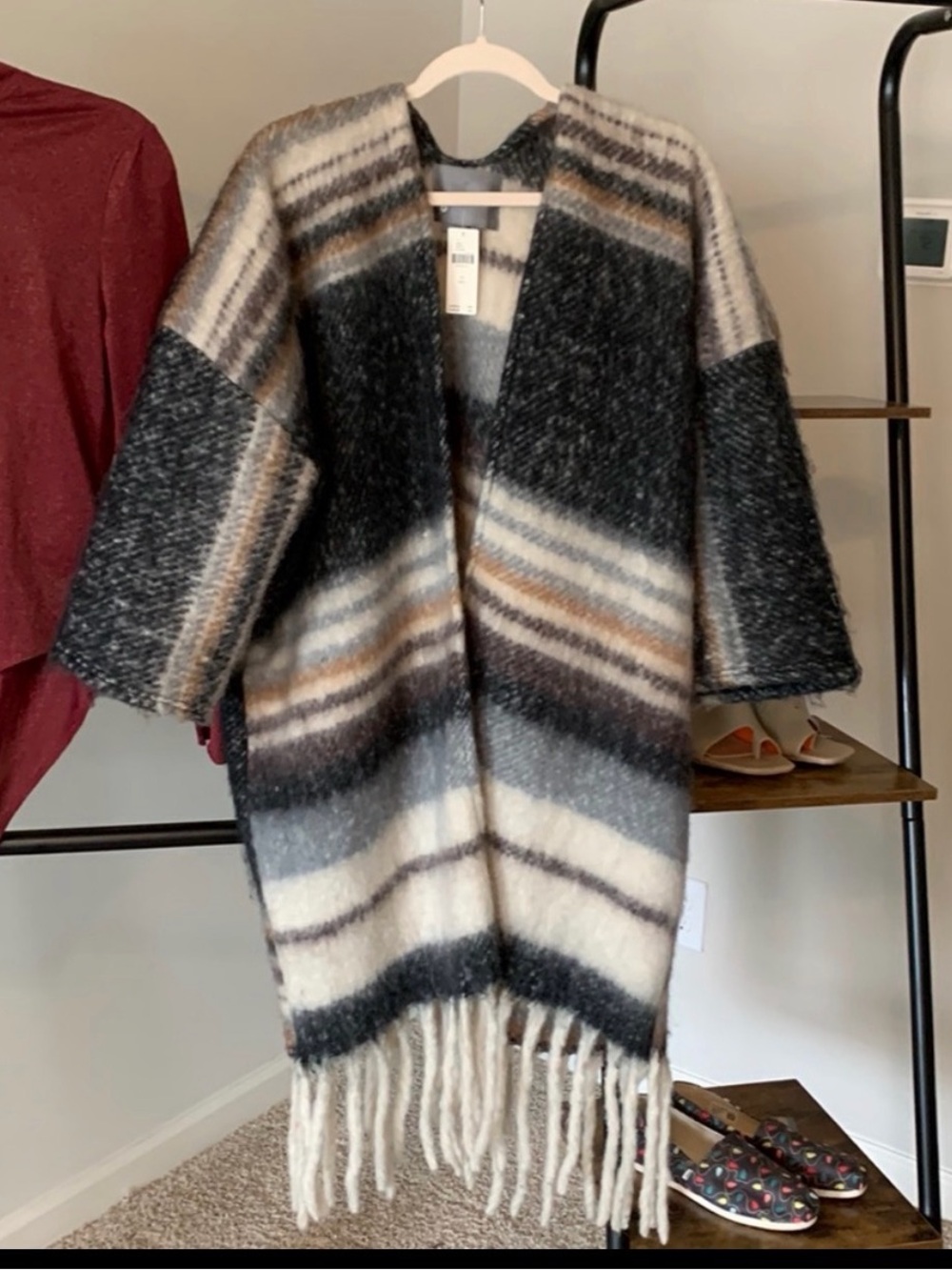 Anthropologie Knit Kimono wool large fringe Boho
